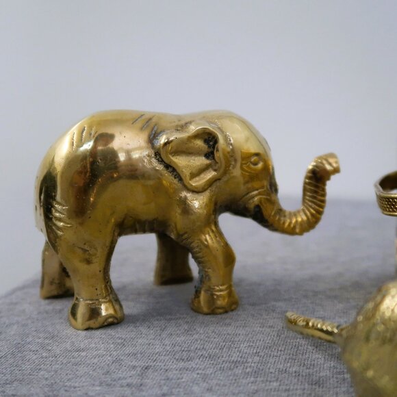 Vintage Brass Armadillo Elephant and Woven Brass Basket Sculptures Set of 3 - Picture 5 of 13